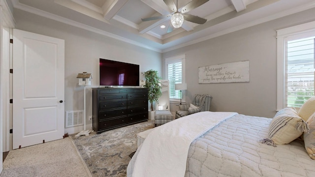 8119 Schweitzer Pl, Arrington, TN 37014 - carpeted bedroom with crown molding, coffered ceiling, beam ceiling, and visible vents