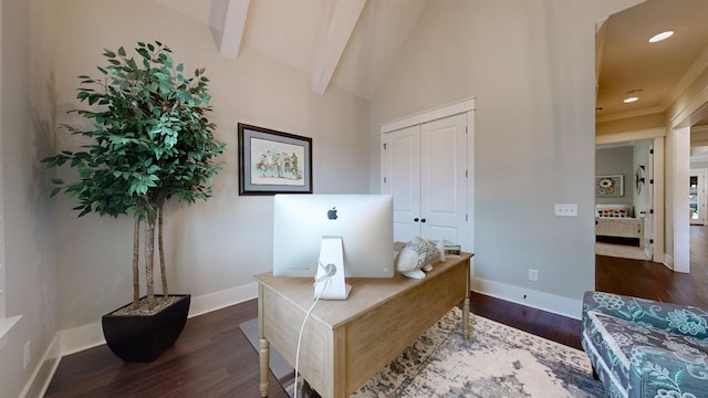 8119 Schweitzer Pl, Arrington, TN 37014 - office area featuring dark wood-type flooring, lofted ceiling with beams, baseboards, and recessed lighting