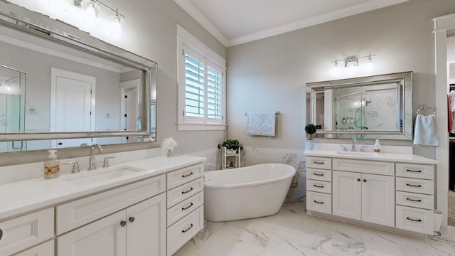 8119 Schweitzer Pl, Arrington, TN 37014 - bathroom featuring a freestanding bath, a marble finish shower, a sink, and marble finish floor