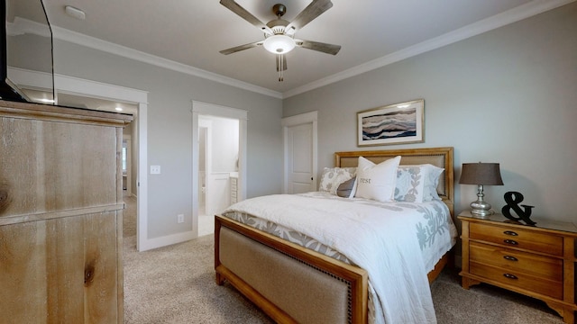 8119 Schweitzer Pl, Arrington, TN 37014 - carpeted bedroom featuring crown molding, a ceiling fan, baseboards, and ensuite bathroom