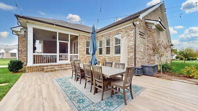 8119 Schweitzer Pl, Arrington, TN 37014 - back of property with brick siding, a ceiling fan, outdoor dining space, and a patio area