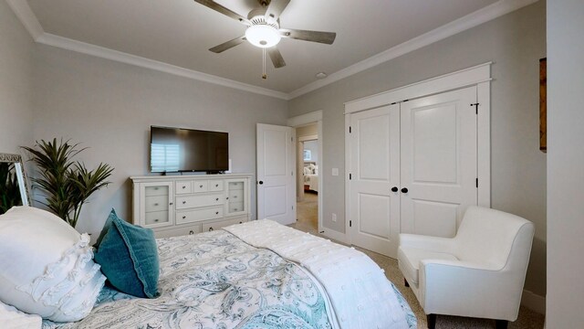 8119 Schweitzer Pl, Arrington, TN 37014 - carpeted bedroom featuring ceiling fan, ornamental molding, and a closet
