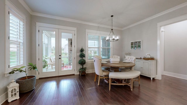 8119 Schweitzer Pl, Arrington, TN 37014 - dining space with an inviting chandelier, french doors, ornamental molding, baseboards, and dark wood-style floors
