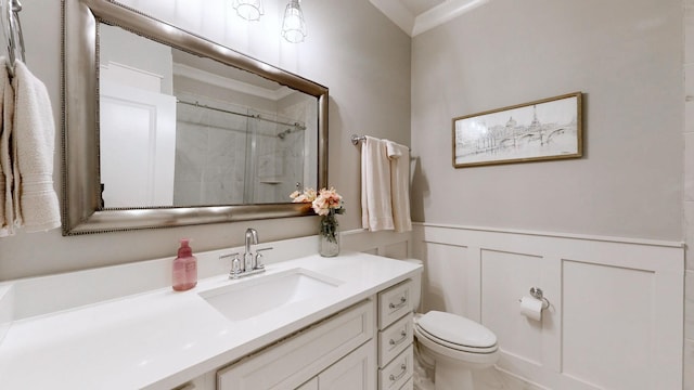 8119 Schweitzer Pl, Arrington, TN 37014 - bathroom with wainscoting, a shower, vanity, toilet, and a decorative wall