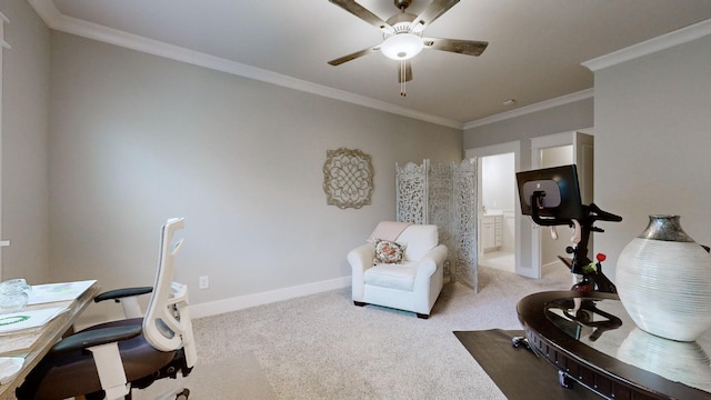 8119 Schweitzer Pl, Arrington, TN 37014 - carpeted home office featuring baseboards, ornamental molding, and a ceiling fan