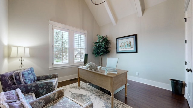 8119 Schweitzer Pl, Arrington, TN 37014 - office featuring dark wood-style flooring, baseboards, beam ceiling, and high vaulted ceiling