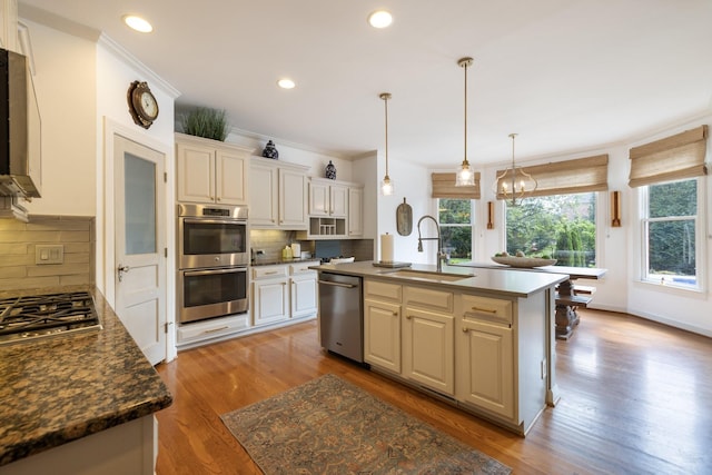 kitchen with tasteful backsplash, a center island with sink, a sink, light wood-style floors, and stainless steel appliances