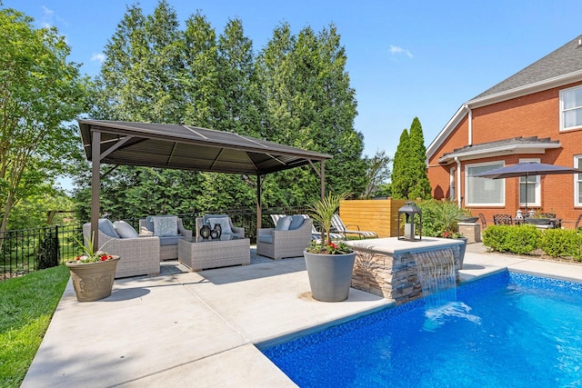 view of pool featuring an outdoor living space, a fenced backyard, a patio, and a gazebo