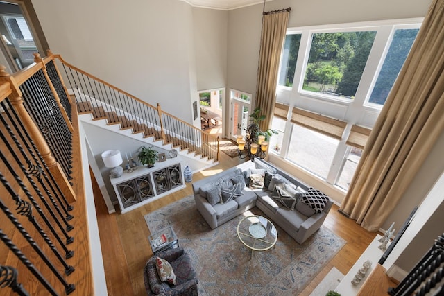 living area with ornamental molding, stairs, wood finished floors, and a towering ceiling