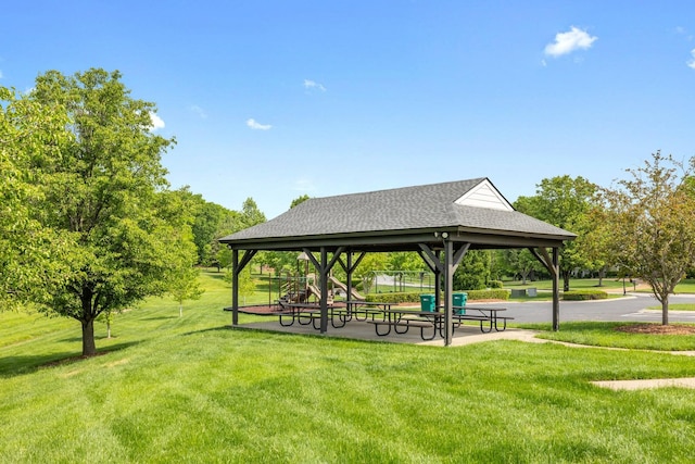 view of community featuring a gazebo and a yard