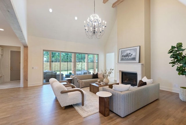 111 Keyway Dr, Nashville, TN 37205 - living room featuring high vaulted ceiling, baseboards, light wood-style flooring, recessed lighting, and beam ceiling