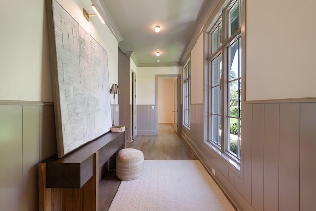 111 Keyway Dr, Nashville, TN 37205 - hallway with wood finished floors, wainscoting, crown molding, and a decorative wall