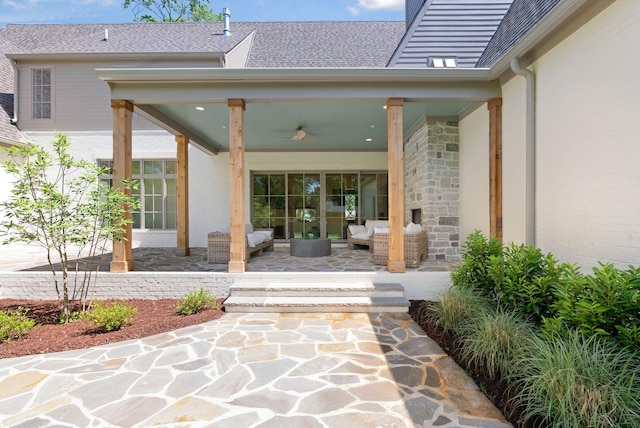 111 Keyway Dr, Nashville, TN 37205 - view of exterior entry with outdoor lounge area, a patio, a ceiling fan, and roof with shingles
