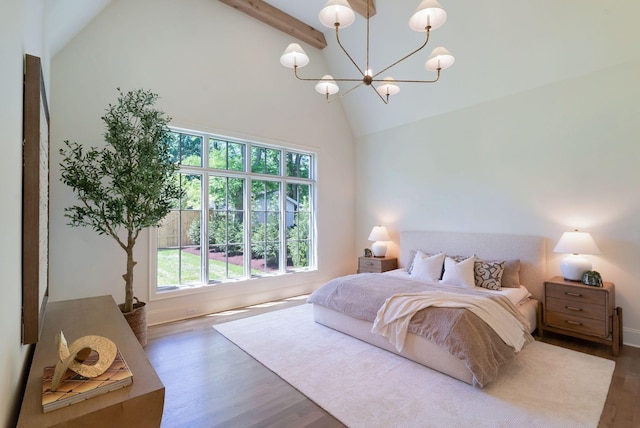 111 Keyway Dr, Nashville, TN 37205 - bedroom with wood finished floors, a chandelier, high vaulted ceiling, and beam ceiling