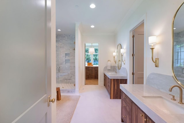 111 Keyway Dr, Nashville, TN 37205 - full bathroom featuring a stall shower, tile patterned floors, two vanities, and recessed lighting