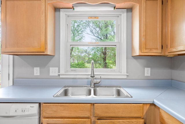 3404 Albert Dr, Clarksville, TN 37042 - kitchen featuring a sink, light brown cabinets, white dishwasher, and light countertops
