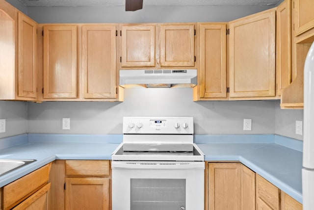 3404 Albert Dr, Clarksville, TN 37042 - kitchen featuring light countertops, under cabinet range hood, white range with electric stovetop, and light brown cabinetry