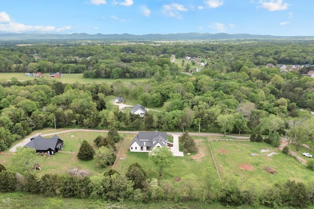 aerial view featuring a view of trees and a mountain view
