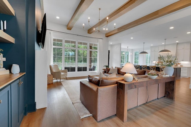 living room featuring recessed lighting, beam ceiling, and light wood-type flooring