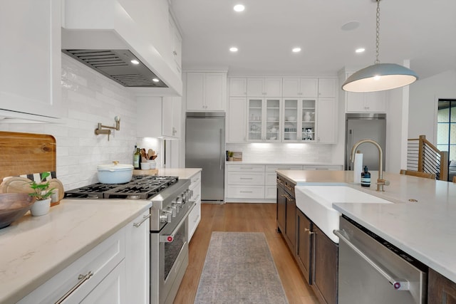 kitchen with decorative backsplash, premium range hood, white cabinetry, a sink, and premium appliances