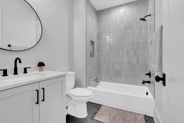 full bathroom with toilet, bathtub / shower combination, tile patterned flooring, and vanity