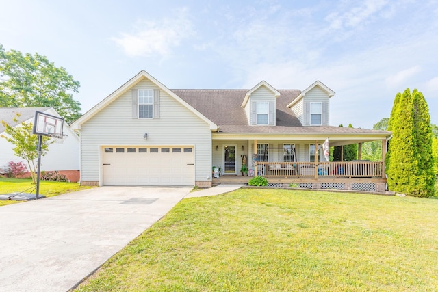 view of front of house with covered porch, concrete driveway, a front yard, and a garage