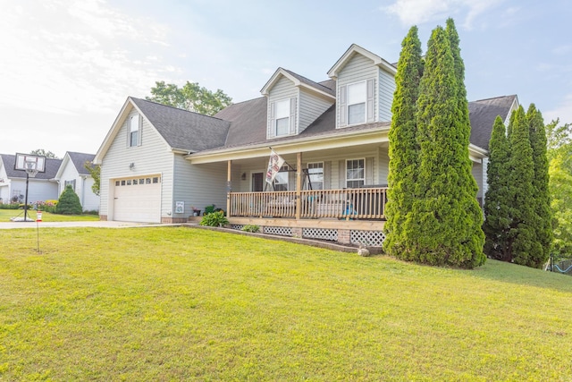 cape cod house featuring a garage, covered porch, driveway, and a front lawn
