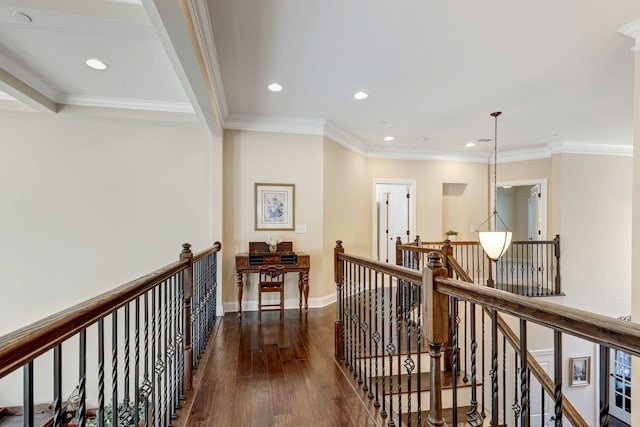 5028 Rockport Ave, Franklin, TN 37064 - hall with dark wood-style flooring, an upstairs landing, ornamental molding, and recessed lighting