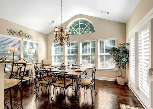 5028 Rockport Ave, Franklin, TN 37064 - dining area with a notable chandelier, visible vents, dark wood finished floors, and lofted ceiling