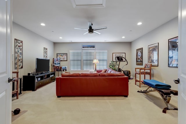 5028 Rockport Ave, Franklin, TN 37064 - living area featuring recessed lighting, ceiling fan, light colored carpet, and baseboards