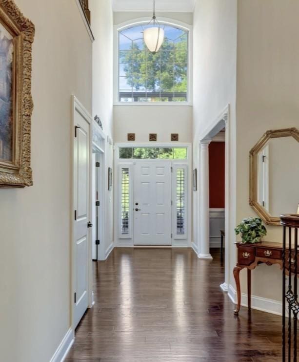 5028 Rockport Ave, Franklin, TN 37064 - foyer entrance featuring plenty of natural light, baseboards, dark wood-style flooring, and a high ceiling