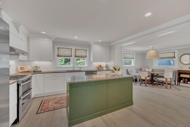 kitchen with crown molding, plenty of natural light, ventilation hood, a sink, and appliances with stainless steel finishes