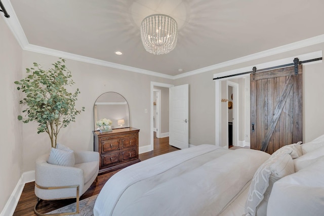 bedroom with dark wood-style flooring, crown molding, a barn door, baseboards, and an inviting chandelier