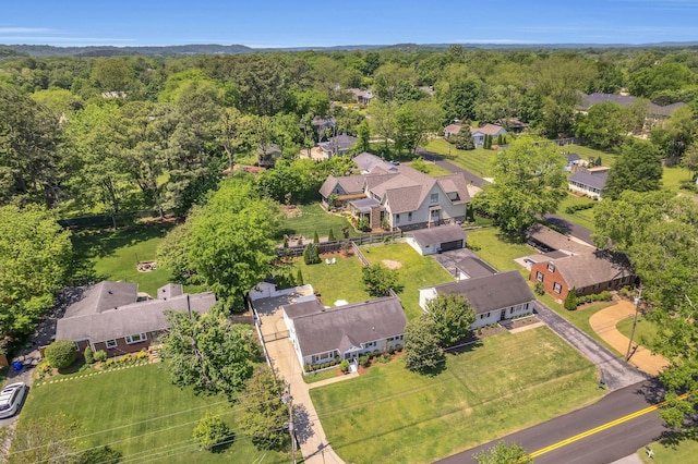 bird's eye view featuring a wooded view and a residential view