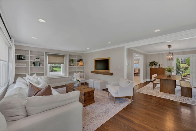 living room featuring baseboards, dark wood-style floors, and ornamental molding