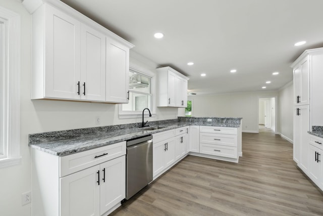 208 Linger Ln, Lebanon, TN 37087 - kitchen featuring stainless steel dishwasher, a sink, a peninsula, white cabinetry, and recessed lighting
