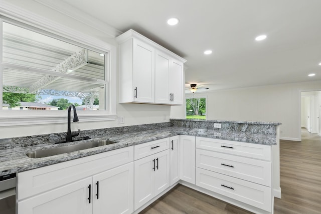 208 Linger Ln, Lebanon, TN 37087 - kitchen with a sink, a peninsula, dark wood-style flooring, white cabinets, and a ceiling fan