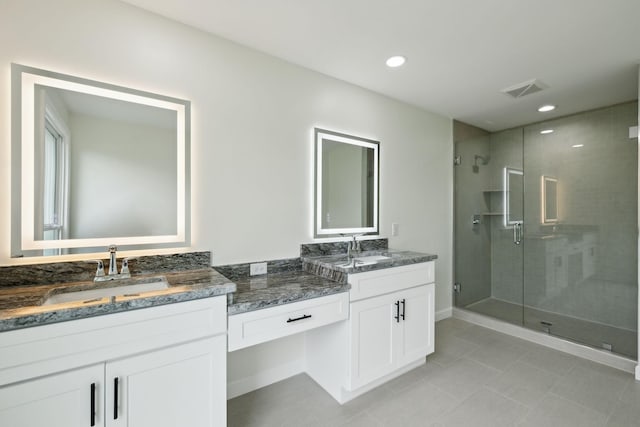 208 Linger Ln, Lebanon, TN 37087 - full bath featuring double vanity, a shower stall, tile patterned flooring, recessed lighting, and baseboards