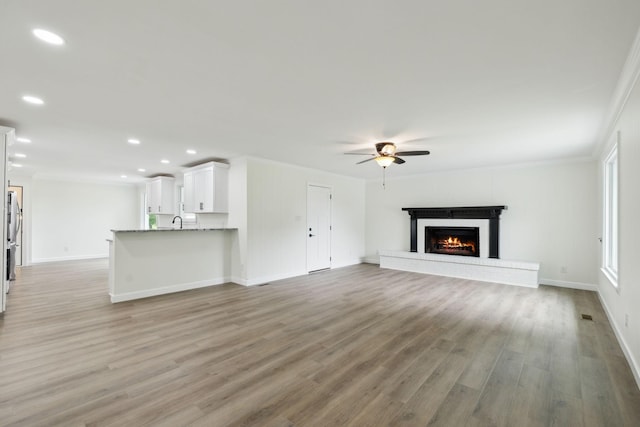 208 Linger Ln, Lebanon, TN 37087 - unfurnished living room with ceiling fan, recessed lighting, wood finished floors, baseboards, and a fireplace