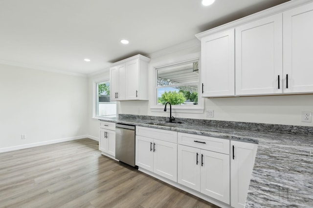 208 Linger Ln, Lebanon, TN 37087 - kitchen with dishwasher, ornamental molding, recessed lighting, a sink, and white cabinets