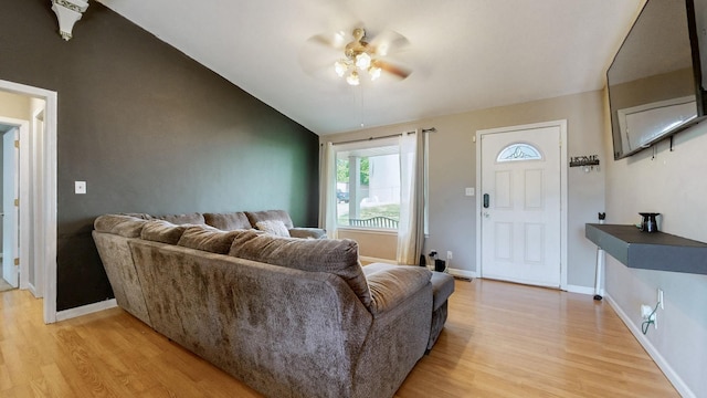 340 Jackson Rd, Clarksville, TN 37042 - living room featuring baseboards, ceiling fan, light wood-style flooring, and lofted ceiling