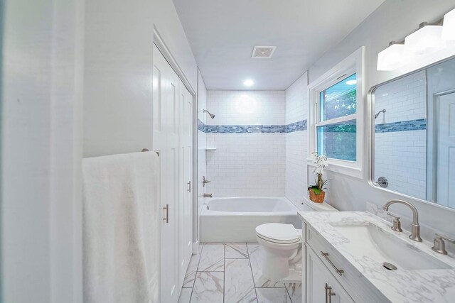 210 NW Clearview Dr, Mount Juliet, TN 37122 - full bathroom with shower / bathing tub combination, visible vents, vanity, toilet, and marble finish floor