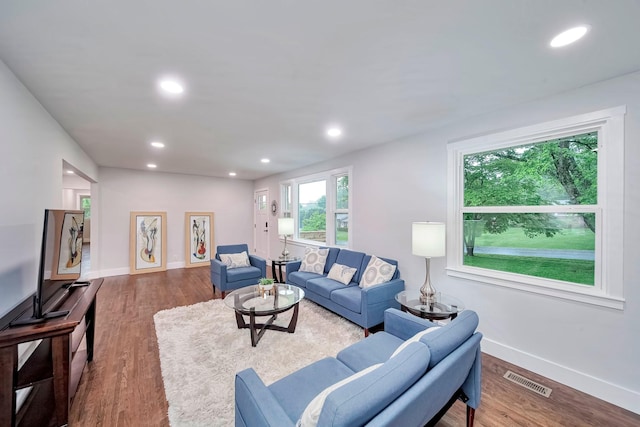 210 NW Clearview Dr, Mount Juliet, TN 37122 - living room with baseboards, recessed lighting, wood finished floors, and visible vents