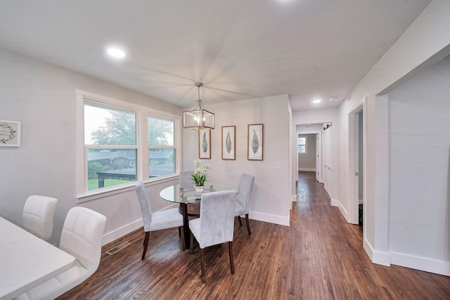 210 NW Clearview Dr, Mount Juliet, TN 37122 - dining area featuring recessed lighting, baseboards, dark wood-style flooring, and a notable chandelier