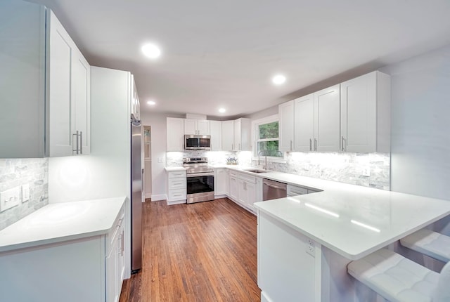 210 NW Clearview Dr, Mount Juliet, TN 37122 - kitchen with stainless steel appliances, a sink, tasteful backsplash, a peninsula, and light countertops
