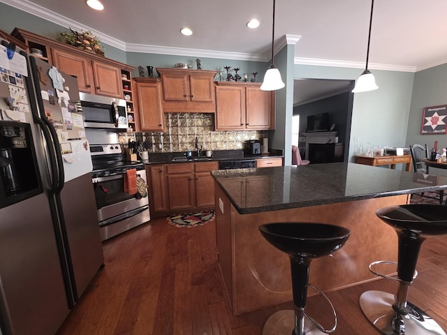 kitchen with open shelves, a kitchen bar, a center island, a sink, and stainless steel appliances