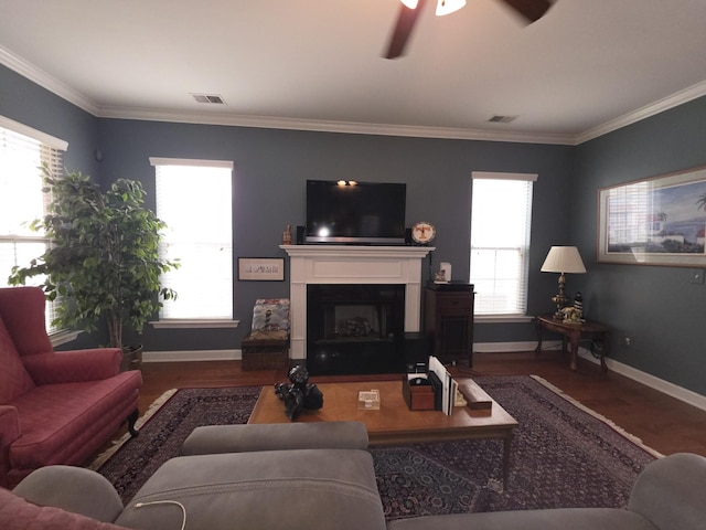living room featuring plenty of natural light, baseboards, and wood finished floors