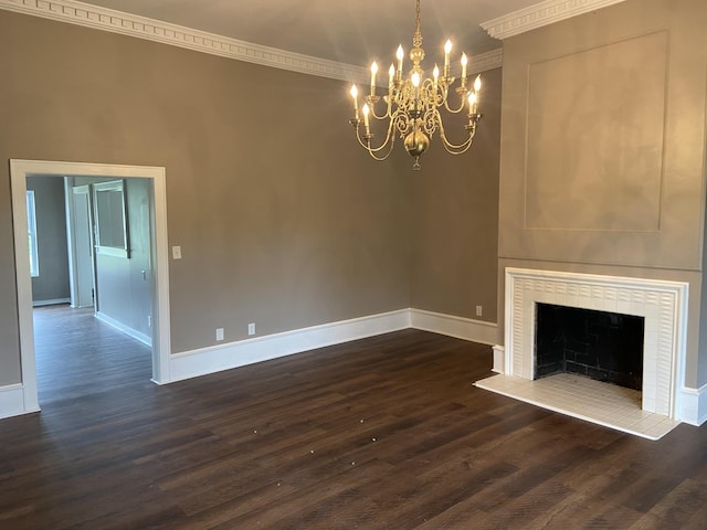 11495 Guthrie Rd, Guthrie, KY 42234 - unfurnished living room featuring crown molding, a fireplace, baseboards, dark wood-style floors, and a chandelier