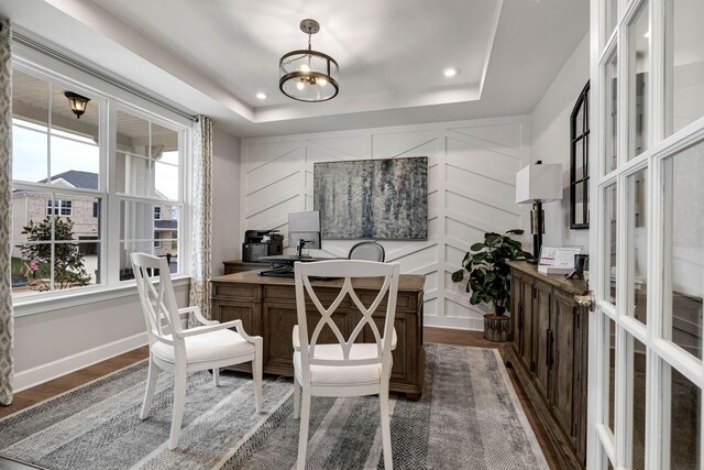 952 Pleasant Ridge Run, Mount Juliet, TN 37122 - home office with a raised ceiling, wood finished floors, a decorative wall, recessed lighting, and a chandelier