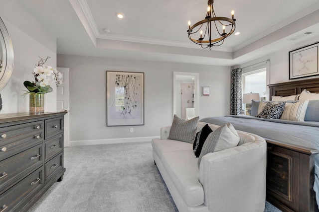 952 Pleasant Ridge Run, Mount Juliet, TN 37122 - bedroom featuring a raised ceiling, a chandelier, crown molding, light carpet, and baseboards